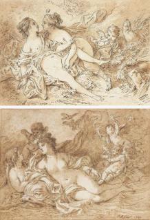 Jean-Baptiste Huet - Jupiter et Callisto dans un paysage avec un putto et un aigle; et Venus allongée sur un dauphin entourée de putti