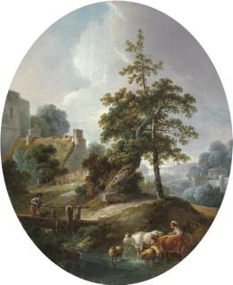 Jean-Baptiste Huet - Landscape With A Young Boy And A Shepherdess With Cows And Sheep