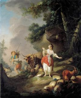 Jean-Baptiste Huet - Les Oeufs Cassés: A Shepherdess Startled By A Drover And His Cattle In A Pastoral Landscape