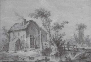 Jean-Baptiste Huet - Paysage avec une chaumière et deux personnages pêchant dans un cour d\'eau