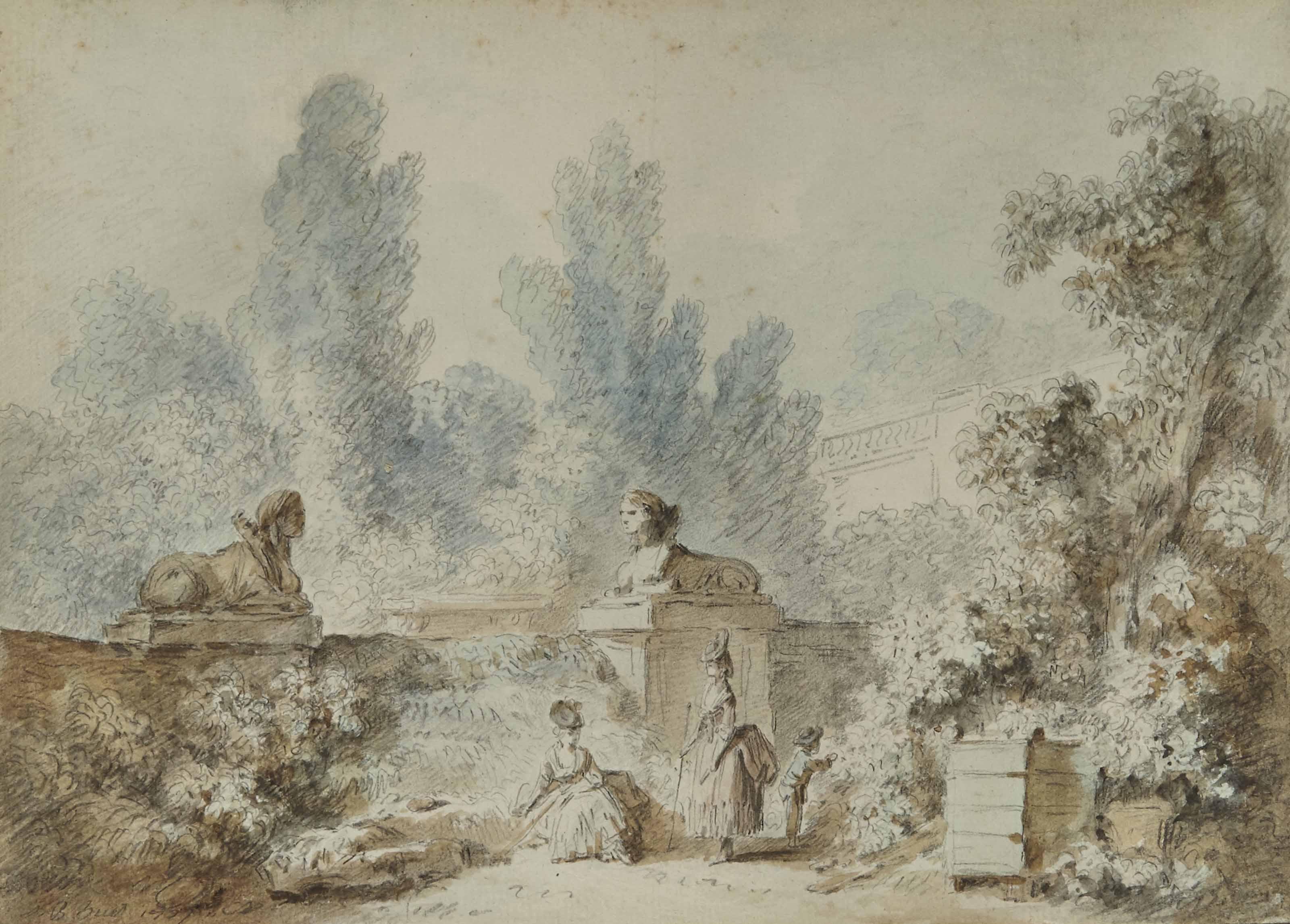 Jean-Baptiste Huet - Pêcheur et sa compagne sur un pont dans un paysage arboré ; et Deux femmes et un enfant jouant autour d\'une fontaine entourée de deux lions dans un parc