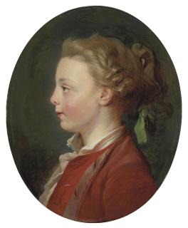 Jean-Baptiste Huet - Portrait of a child, bust-length, in a red coat and white shirt, with a green ribbon