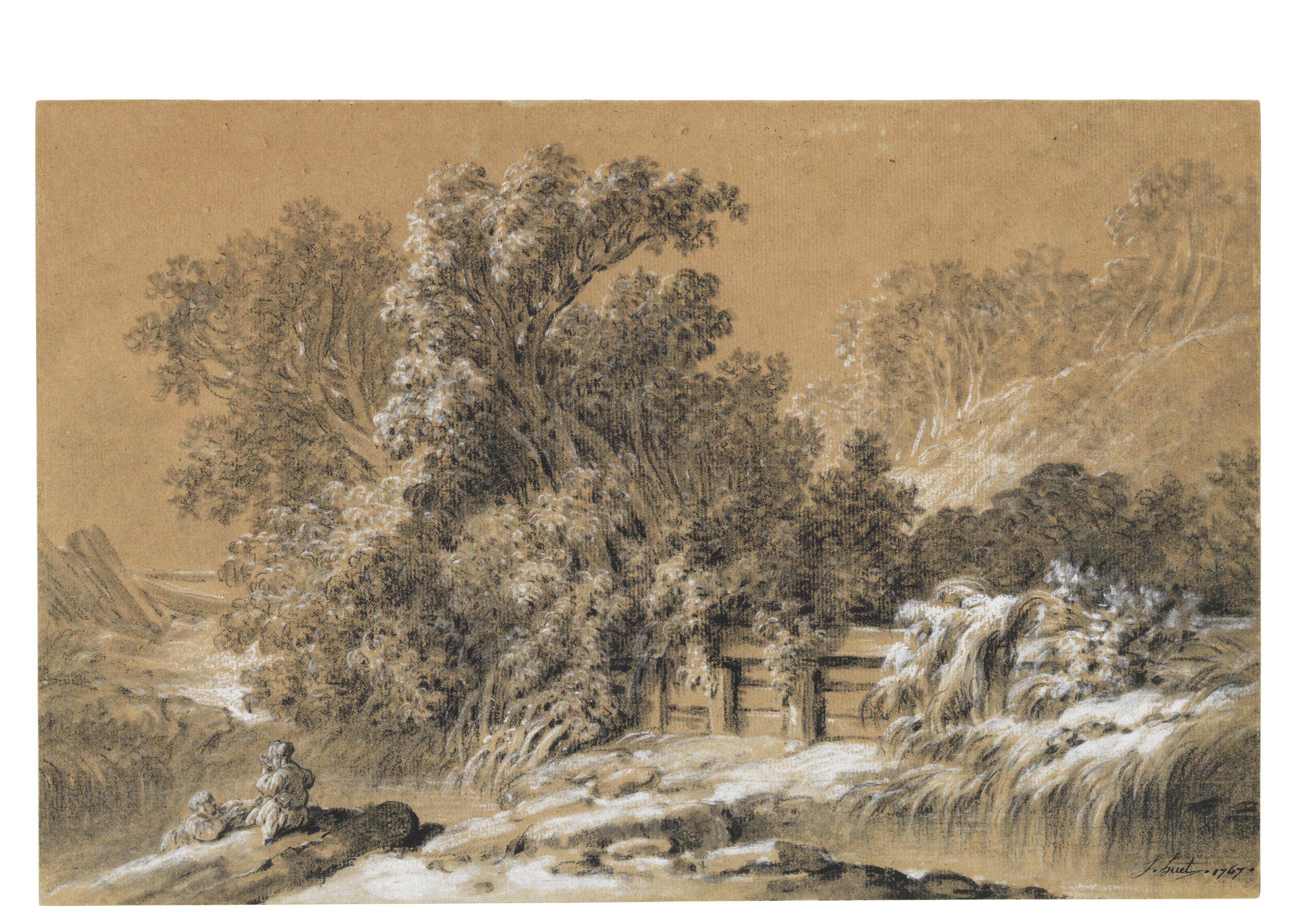 Jean-Baptiste Huet - Trees and a fence along the banks of a river, with two children