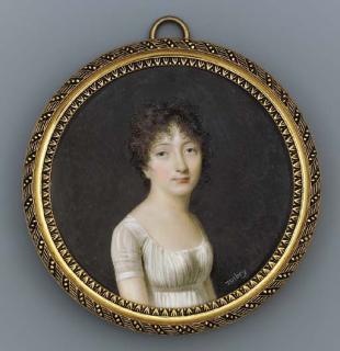 Jean-Baptiste Isabey - Claire de Morel-Vindé (1782-1807), facing right in white muslin dress with striped gauze sleeves, short curling dark hair