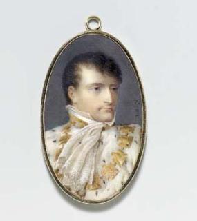 Jean-Baptiste Isabey - Emperor Napoleon I of France (1769-1821) in coronation robes, facing right in gold bordered ermine cloak, white shirt and flowing lace cravat, wearing the collar of the Imperial French Order of the Legion of Honour