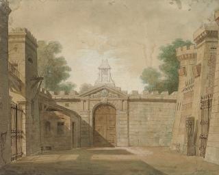 Jean-Baptiste Isabey - The interior of a courtyard with a bell tower