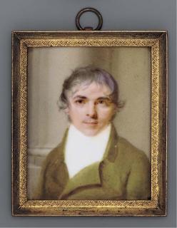 Jean-Baptiste Jacques Augustin - A self-portrait of the artist, full face in moss-green coat and white shirt, curling forward-combed black hair; pillar background (unfinished)