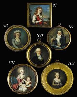 Jean-Baptiste Jacques Augustin - A young gentleman, facing right in blue coat, yellow waistcoat and mauve bordered white knotted cravat, gold hoop earring, powdered hair