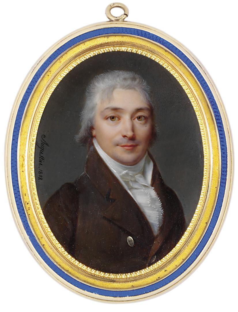 Jean-Baptiste Jacques Augustin - A young gentleman, in brown coat with silvered buttons, white waistcoat and white shirt with pleated cravat, powdered hair