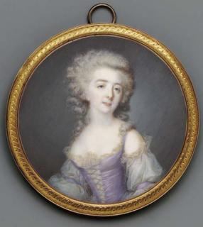 Jean-Baptiste-Jacques Augustin - A young lady, facing right in off-the-shoulders white dress with lace borders and laced lilac bodice, long powdered curling hair