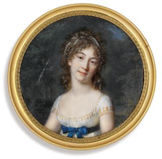 Jean-Baptiste Jacques Augustin - A young lady, in gold-embroidered white dress with short sleeves, a blue sash tied in a bow at her waist, pearls in her upswept curling hair; landscape background