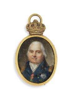 Jean-Baptiste Jacques Augustin - Louis XVIII (1755-1824), King of France 1814/15-1824, in blue uniform with gold epaulettes, wearing the breast Stars of the Royal French Order of the Holy Ghost and the Royal French Order of St Louis