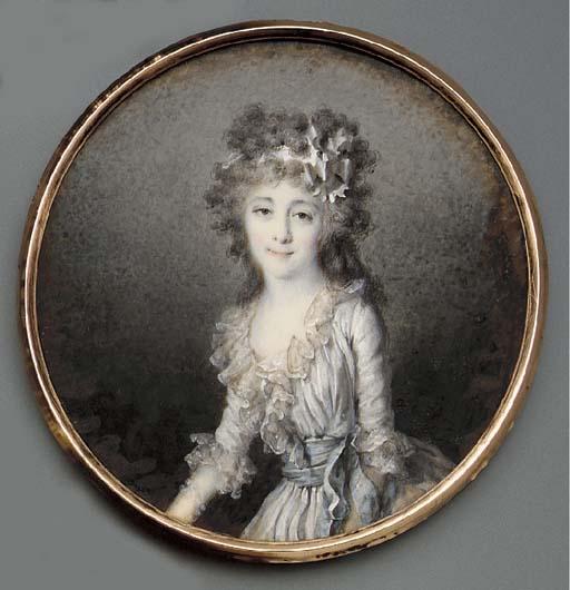 Jean-Baptiste-Joseph Le Tellier - A young lady, full face in lace-bordered blue dress with blue sash, white ribbon in her long curling powdered hair