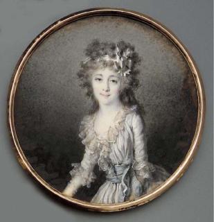 Jean-Baptiste-Joseph Le Tellier - A young lady, full face in lace-bordered blue dress with blue sash, white ribbon in her long curling powdered hair
