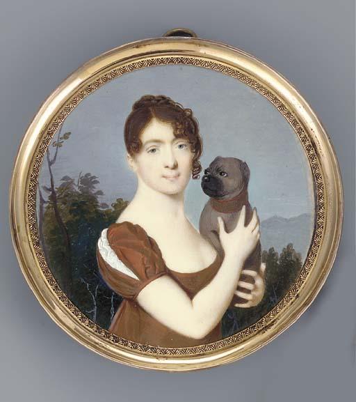 Jean-Baptiste-Joseph Le Tellier - A young lady in a landscape holding her pug, facing right in dark orange-brown silk dress, the right sleeve slashed to reveal white, her dark brown hair plaited and dressed in a knot