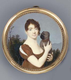 Jean-Baptiste-Joseph Le Tellier - A young lady in a landscape holding her pug, facing right in dark orange-brown silk dress, the right sleeve slashed to reveal white, her dark brown hair plaited and dressed in a knot