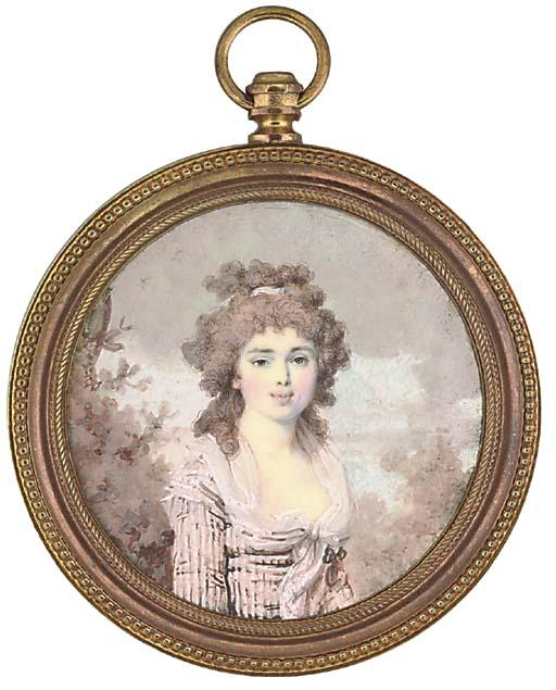 Jean-Baptiste Joseph Le Tellier - Marie-Claude Morliere (née Robin), in pink and brown striped dress with fichu, portrait miniature suspended from a black ribbon pinned at corsage, pink ribbon in her long powdered curling hair; foliate background