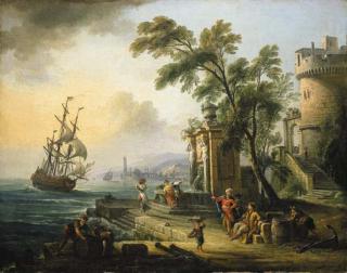 Jean-Baptiste Lallemand - A capriccio of a Mediterranean port with oriental figures, a man-o-war at sea beyond