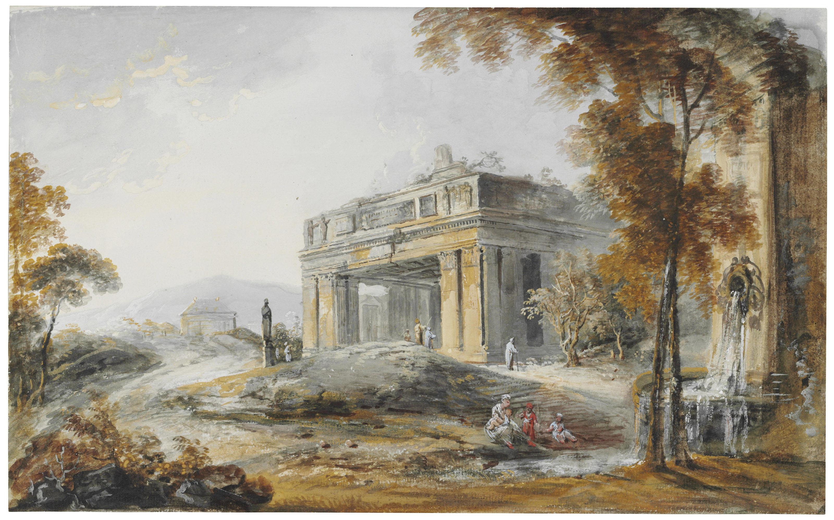 Jean-Baptiste Lallemand - A capriccio with a Roman temple and a fountain to the right