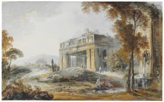 Jean-Baptiste Lallemand - A capriccio with a Roman temple and a fountain to the right