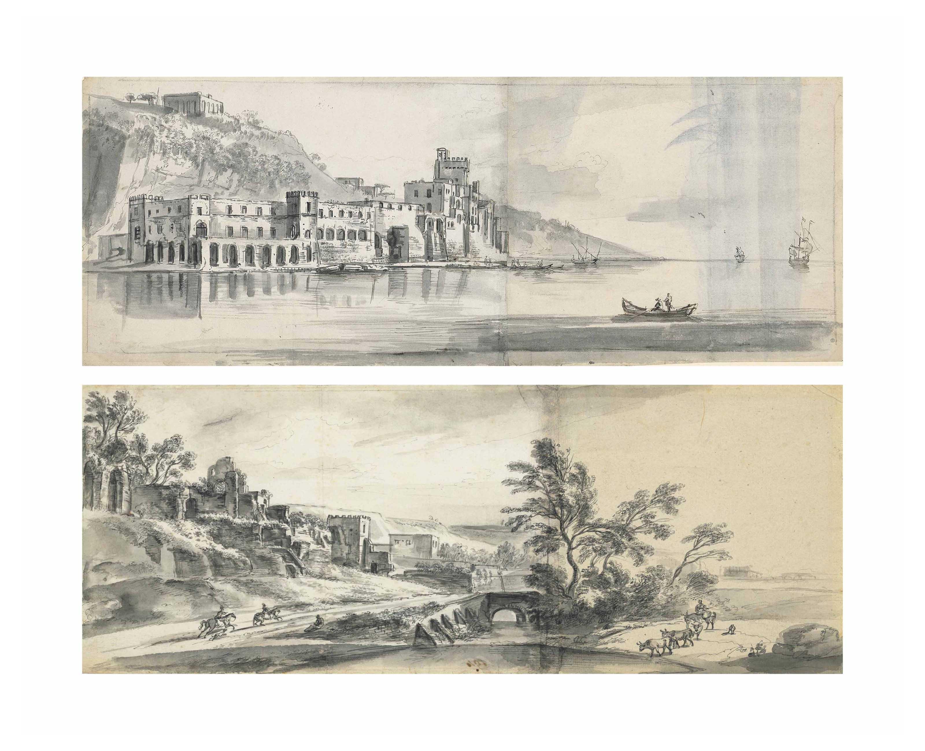 Jean-Baptiste Lallemand - A fortified castle on a coast, near Posillipo (?) ( recto ); A fragmentary drawing of a boat on a sea with mountains beyond ( verso );  and  A hilly landscape with a stream and ruins to the left