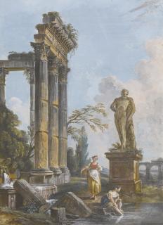 Jean-Baptiste Lallemand - A Pair Of Roman Capriccios With Ancient Ruins:  A) A View Of A Ruined Temple With Washerwomen B) A View Of The Pyramid Of Caius Cestius And Ancient Ruins With A Soldier And Young Lady In The Foreground