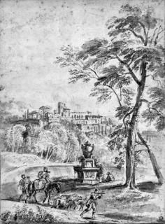 Jean-Baptiste Lallemand - An extensive Italianate landscape with shepherds by a classical monument
