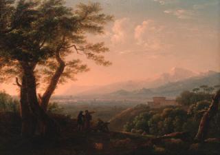 Jean-Baptiste Lallemand - Artists conversing in an extensive Italianate landscape