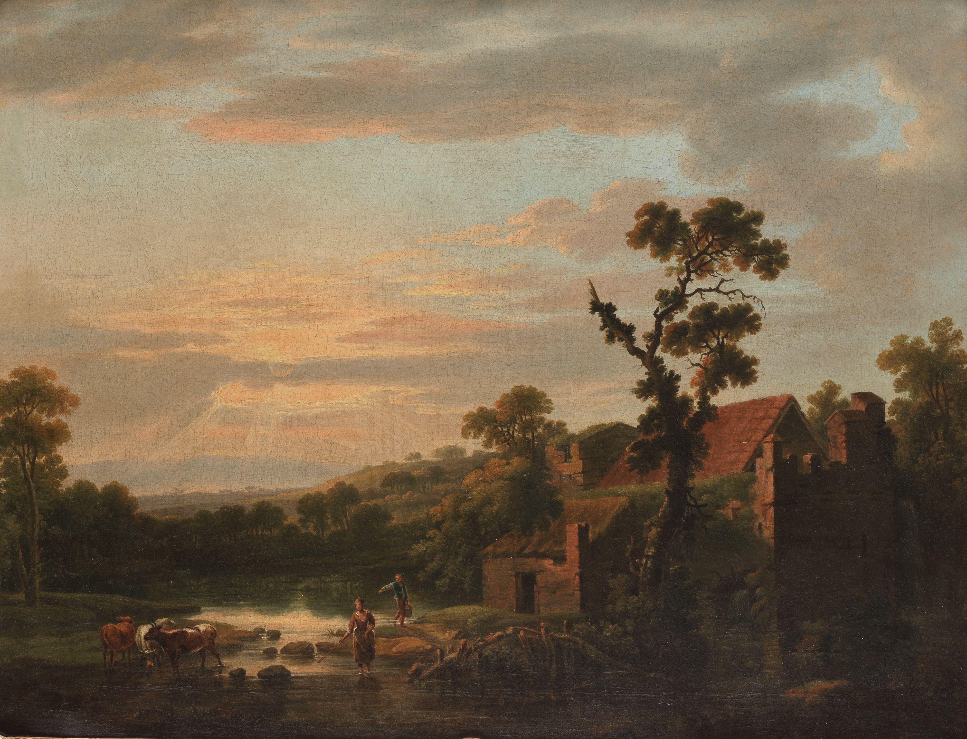 Jean Baptiste Lallemand - Figures In A River Landscape At Sunset