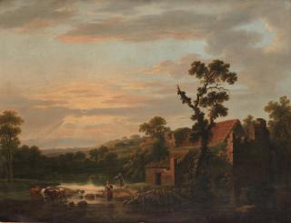 Jean Baptiste Lallemand - Figures In A River Landscape At Sunset