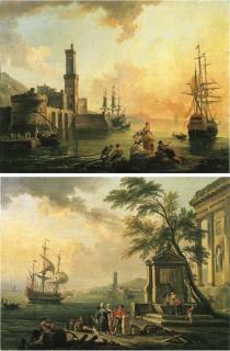 Jean-Baptiste Lallemand - Fishermen and courtesans in a Mediterranean port at sunset; and Fishermen and Turkish merchants in a Mediterranean port and sunrise