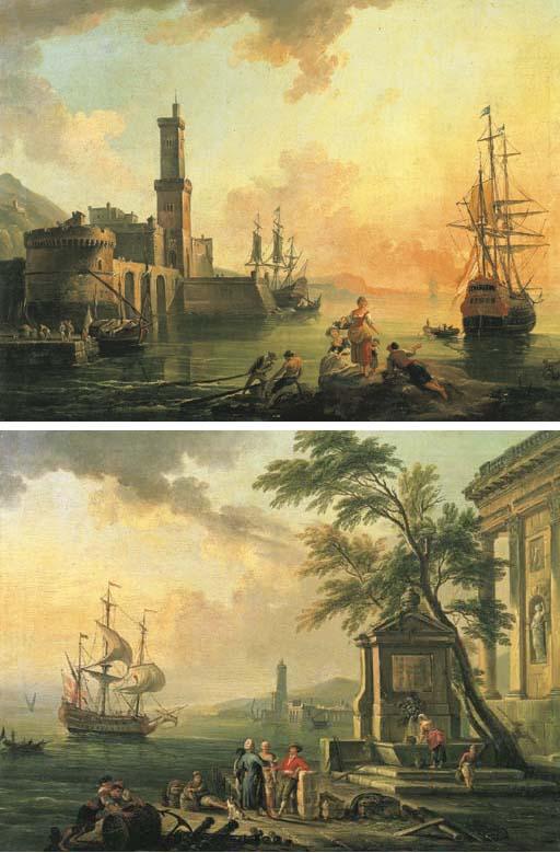 Jean-Baptiste Lallemand - Fishermen and courtesans in a Mediterranean port at sunset; and Fishermen and Turkish merchants in a Mediterrenean port atsunrise