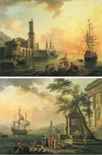 Jean-Baptiste Lallemand - Fishermen and courtesans in a Mediterranean port at sunset; and Fishermen and Turkish merchants in a Mediterrenean port atsunrise