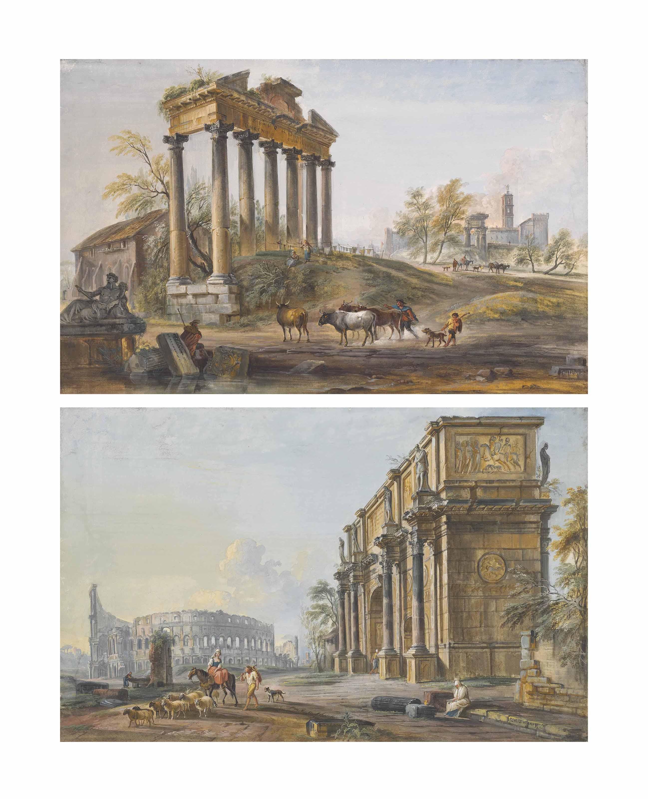 Jean-Baptiste Lallemand - Morning: A view of the Forum Romanum with the Arch of Constantine and the Colosseum; and Afternoon: A view of the Forum Romanum with the Temple of Saturn and the Temple of Vespasian