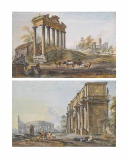 Jean-Baptiste Lallemand - Morning: A view of the Forum Romanum with the Arch of Constantine and the Colosseum; and Afternoon: A view of the Forum Romanum with the Temple of Saturn and the Temple of Vespasian