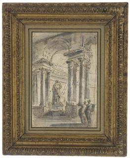 Jean-Baptiste Lallemand - Personnages admirant une statue sous un portique