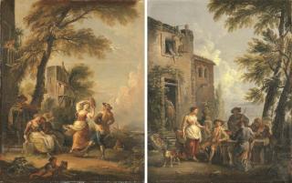 Jean-Baptiste Lallemand - Travelers merrymaking outside an Inn; and Peasants merrymaking and dancing in a landscape
