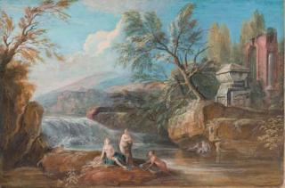 Jean-Baptiste Lallemand - Un paysage avec des baigneuses devant une cascade, un tombeau et des ruines antiques sur la droite