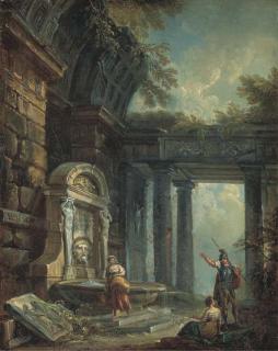 Jean-Baptiste Lallemand - Un Soldat Et Deux Femmes Devant Une Fontaine Antique