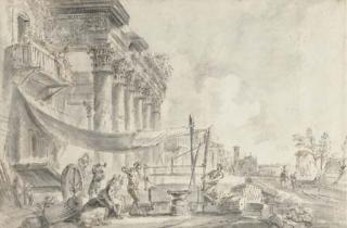 Jean-Baptiste Lallemand - Une ville italienne avec les ruines d\'un temple corinthien à gauche, des tailleurs de pierre au premier plan