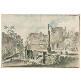 Jean-Baptiste Lallemand - View Of A Piazza With An Obelisk By The Walls Of A City, Washerwomen In The Foreground