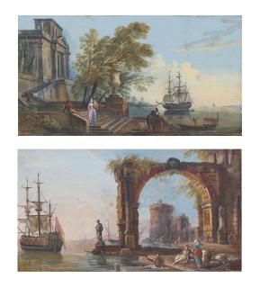 Jean-Baptiste Lallemand - Views of classical harbours, one with a Palladian palace, the other with a tower seen through a coffered arch