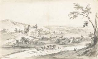 Jean-Baptiste Lallemand - Vue du Château de La Rochepot en Bourgogne, un carrosse et des figures au premier plan