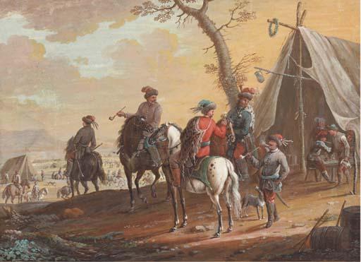Jean-Baptiste Le Paon - Des Cavaliers Trinquant Et Fumant Dans Un Campement Militaire