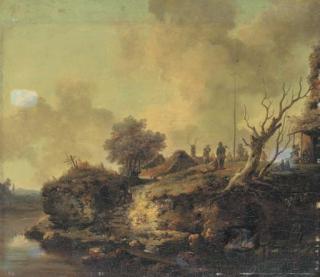 Jean-Baptiste Le Prince - A river landscape with sportsman shooting at a popinjay on the bank