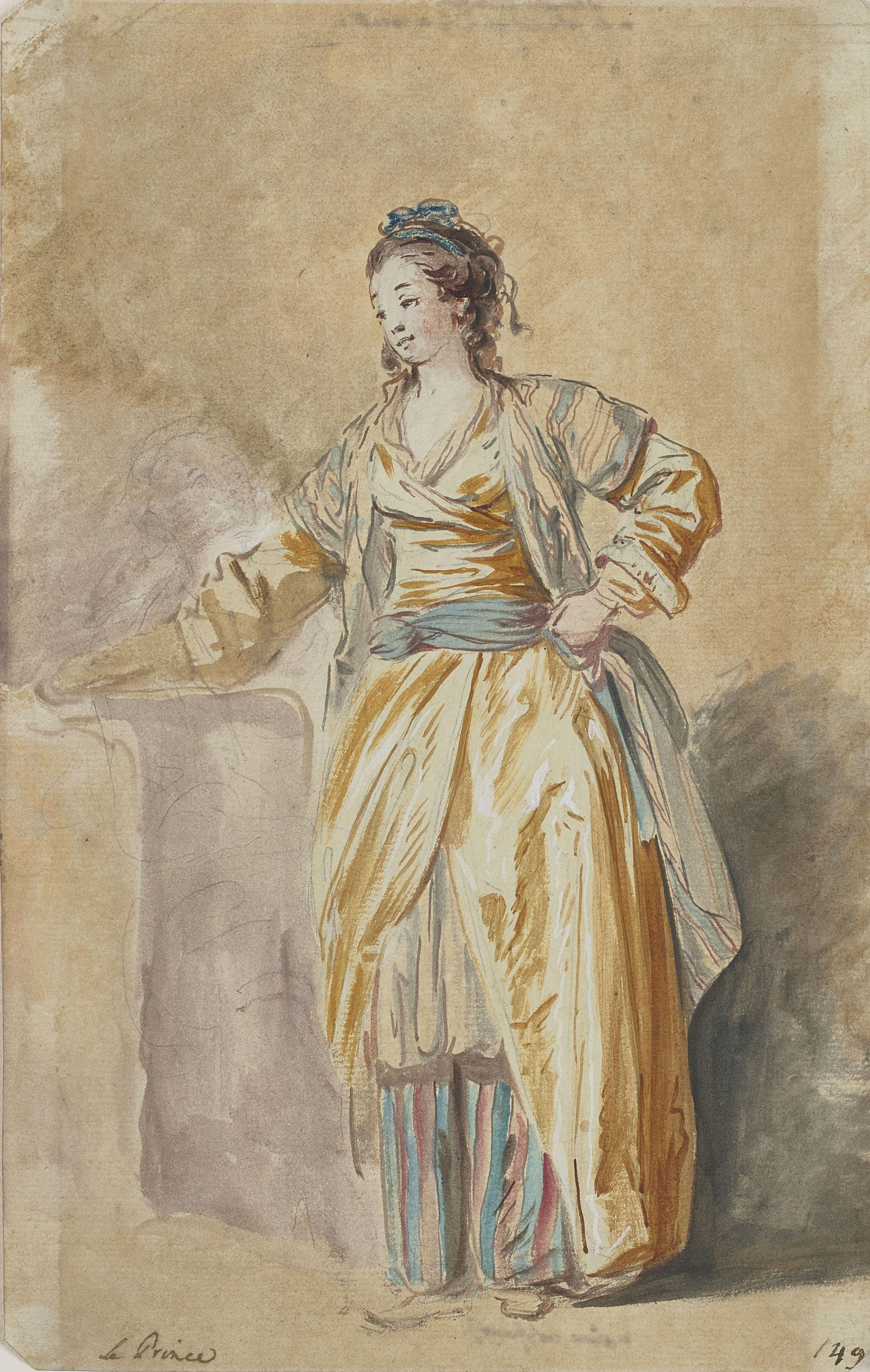 Jean-Baptiste Le Prince - Jeune femme en costume oriental et esquisse d\'une figure assise