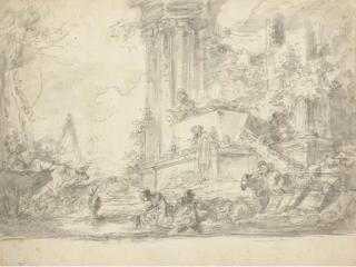 Jean-Baptiste Le Prince - Les ruines d\'un temple romain avec des bergers, une pyramide dans le fond