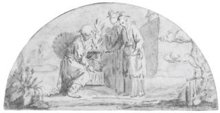 Jean-Baptiste Leprince - A Chinese presenting a potted plant to two Chinese girls: Design for a fan