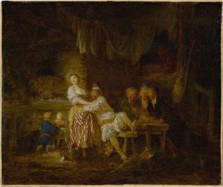 Jean-Baptiste Leprince - A group of figures gathered in a tavern, with a barmaid and lustful patron at center