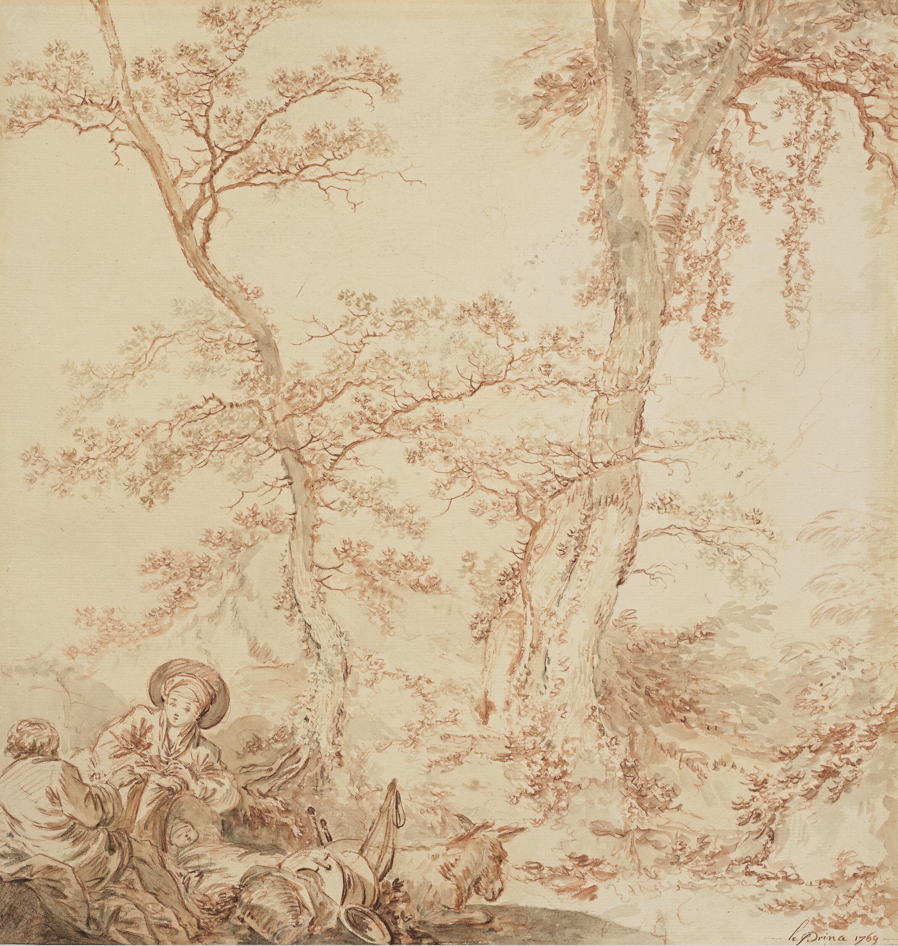 Jean-Baptiste Leprince - Le repos pendant la fuite en Égypte dans un paysage arboré (recto) ; Esquisse de paysage avec un paysan et son âne (verso)